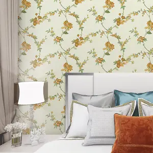 Orange Cream Floral Wallpaper Textured Embossed Metallic Paste The Wall Vinyl