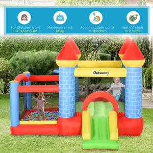 Outsunny Kids Bouncy Castle House Inflatable Trampoline Slide Water Pool Basket 4 in 1 with Blower for Kids Age 3-8 Castle Design