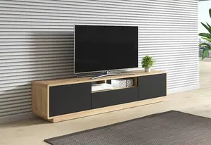 Striking Aston 40 TV Cabinet 200cm - Black Matt & Oak Torus: Stylish Entertainment Solution for Contemporary Living Spaces