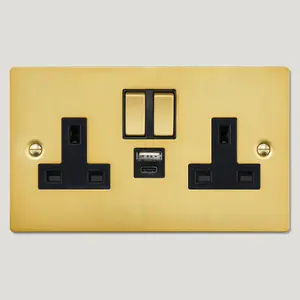 SYLVIE Double USB / USB-C Plug Socket - Brass (Black Insert)