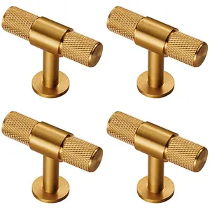 4x Knurled Cupboard T Shape Pull Handle 50 x 13mm Satin Brass Cabinet Handle