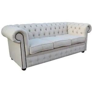 Chesterfield Original 3 Seater Sofa Settee Zoe Plain Parchment Cream Fabric In Classic Style