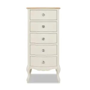 Juliette Champagne Shabby Chic 5 Drawer Tallboy with Crystal Handles