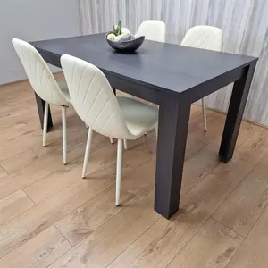 Dining Table and 4 Chairs  Black Dark Grey 4 Leather Cream  Chairs Wood Dining Set Furniture