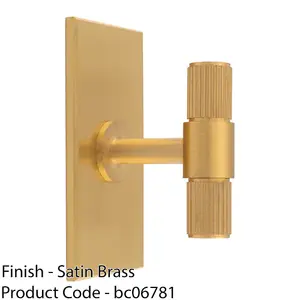 Reeded T Bar Cabinet Door Knob & Matching Backplate Lined Satin Brass 76 x 40mm