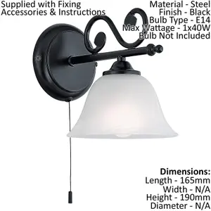 Wall Light Black Steel Shade White Glass Alabaster Pull Switch Bulb E14 1x40W