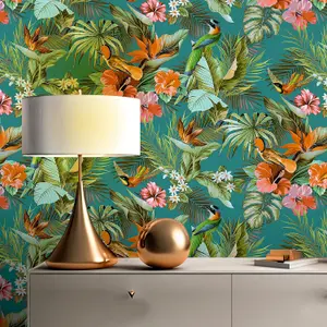 Rasch Vasari Tropical Paradise Birds Multi Teal Wallpaper Luxury Textured Vinyl