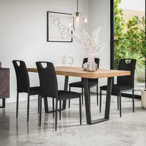 Aria Dining Table And Chairs -  Oak Effect Table Top w Black Legs + Monza Faux Leather Dining Chair Set Of 6 (Black)