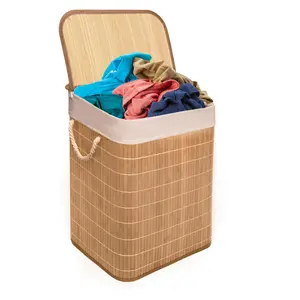 MantraRaj Bamboo Laundry Bin with Handles 65L Square Hamper Basket with Removable Liner (Brown)