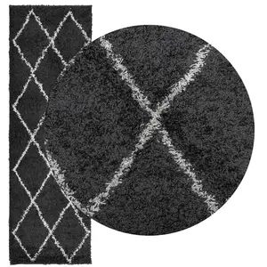 Shaggy Rug PAMPLONA High Pile Modern Black and Cream 80x250 cm