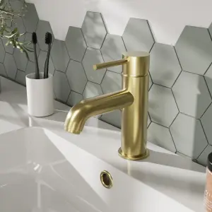 Round Mono Basin Sink Mixer Tap & Push Button Waste - Brushed Brass - Balterley