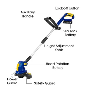 Skotek Cordless Grass Strimmer 20V Li-Ion Garden Spool Lawn Trimmer with Rollers