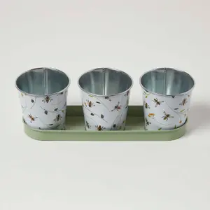 HOMESCAPES Set of 3 Green and White Indoor Plant Pots with Floral Bee Design