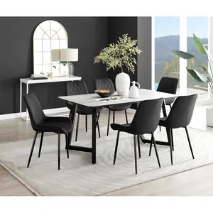 Industrial Design White & Grey Marble Effect Melamine Dining Table Set with 6 Luxury Velvet Chairs Black