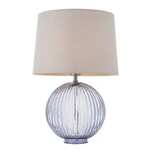 Table Lamp Smokey Grey Ribbed Glass & Natural Linen 40W E27 Bedside Light