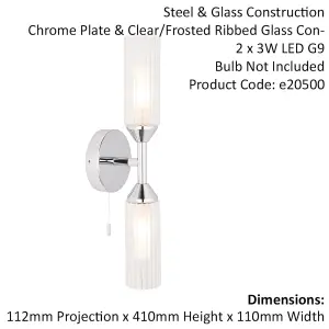 Chrome Plated Twin Bathroom Wall Light - Ribbed Glass Shade & Frosted Diffuser