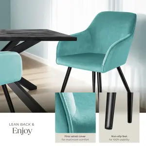 Chair Marilyn - with armrests, padded, velvet look, black steel legs - turquoise/black