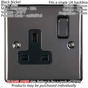 2 PACK 1 Gang Single UK Plug Socket BLACK NICKEL 13A Switched Power Outlet