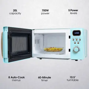 Abode Retro Blue Microwave 20L 700W Digital 8 Auto Cook Rose Gold with Defrost Setting AMD2004GRG