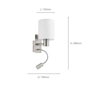 EGLO Pasteri White/Satin Nickel Metal & Fabric Wall Light - Integrated LED Reading Light (D) 15cm