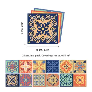 24 Pieces 15x15cm Mara Colourful Mix Mediterranean Tile Stickers