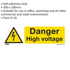 10 Pack of High Voltage Safety Signs - Self Adhesive Vinyl Stickers 300x100mm