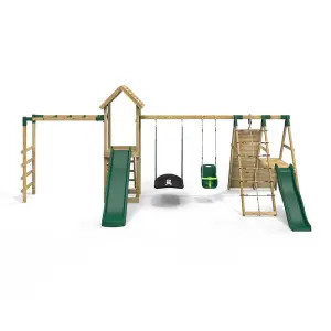 Rebo Wooden Climbing Frame with Swings, 2 Slides, Up & over Climbing wall and Monkey Bars - Cairngorm