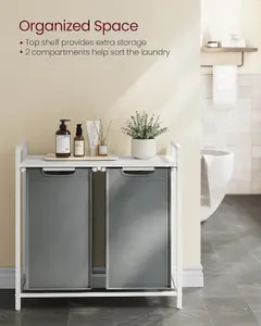 VASAGLE Laundry Hamper, 2-Compartment Clothes Bin, Removable Bags, Laundry Sorter, Metal Frame, White and Light Grey