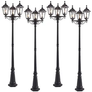 4 PACK Outdoor Lantern Lamp Post Matt Black & Glass 2.3m Tall 3 Light Bollard