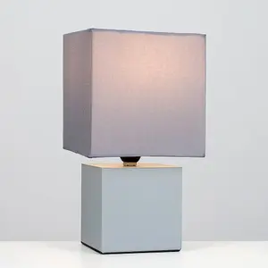 ValueLights Cubbie 2 x Grey Cube Design Touch Dimmer Bedside Table Lamps with Grey Shades and 5w Dimmable LED Candle Bulb