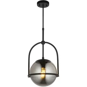 Single Hanging Ceiling Pendat & 2x Matching Wall Lights - Matt Black Frame Grey Tinted Glass Shade Set