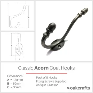 Oakcrafts - Antique Cast Iron Acorn Design Coat Hook - 130mm - Pack of 5 Hooks