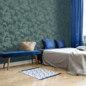 Julien MacDonald Honolulu Green & navy Glitter effect Leaves Smooth Wallpaper