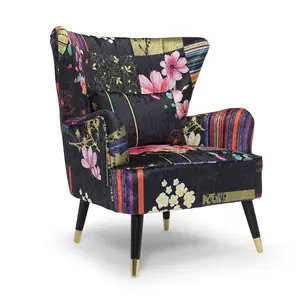 Fabric Black Patchwork Victoria Accent Wingback Chair