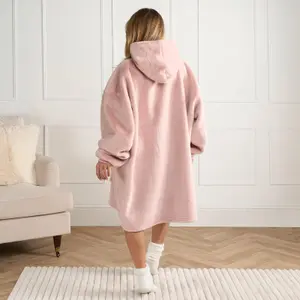 Faux Fur Hoodie Blanket Supersoft Oversized Fleece Wearable Throw, Blush