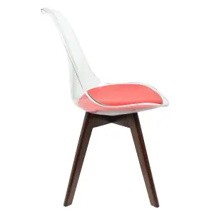 Soho Clear and Red Plastic Dining Chair with Squared Dark Wood Legs