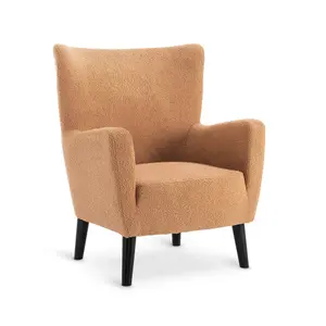 Teddy Boucle Accent Wingback Chair with Footstool in Camel Brown