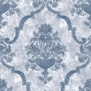 Galerie Azulejo Blue Porto Large Distressed Baroque Damask Wallpaper Roll