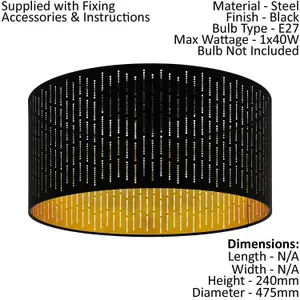 Flush Ceiling Light Black Shade Black Gold Fabric With Cut Outs Bulb E27 1x40W