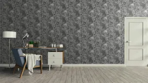 Galerie Blooming Wild Black/Grey Tropical Leaf Motif Wallpaper Roll