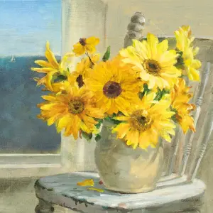 Sunflowers By The Sea Crop Light by Danhui Nai - Painting Natural Wood Framed Paper Print / 91cm H x 91cm W