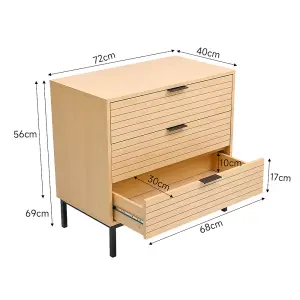 Brown Slatted Effect 3 Drawers Chest Bedside Table Bedroom Dresser Cabinet H 690 x W 720 x D 400 mm