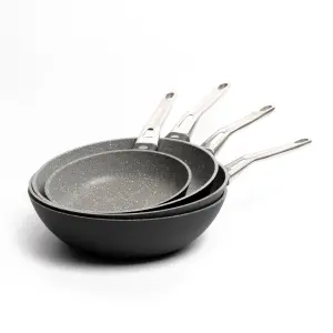 4pc Non-Stick Aluminium Pan Set with 3x Heavy Duty Frying Pans, 20cm, 26cm & 28cm & 29.5cm Induction-Safe Wok