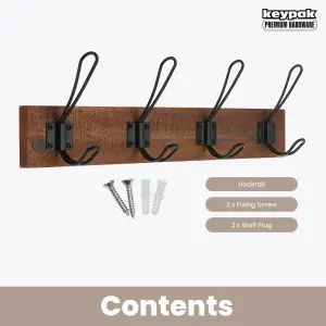 keypak Rustic Wall Mounted Coat Rack, Vintage Double Wire Coat Hooks on Wooden Base, Fixings Included (4 Hooks, Antique Finish)