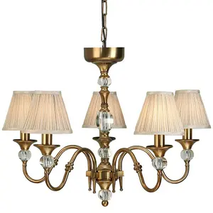 Diana Ceiling Pendant Chandelier Antique Brass & Beige Pleat Shade 5 Lamp Light