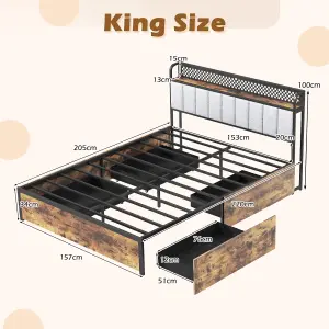 COSTWAY King Size Metal Bed Frame with LED Lights & 4 Storage Drawers