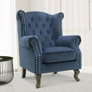 Velvet Wing Back Fireside Henley Chair Armchair with Buttons Navy Blue