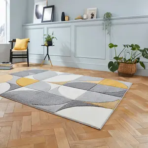 Grey Yellow Easy to Clean Geometric Abstract Rug For DiningRoom-160cm X 220cm