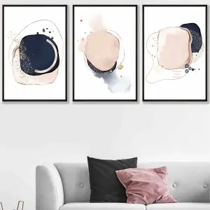 Set of 3 Framed Abstract Navy Blue and Blush Pink Wall Art Prints / 50x70cm / Black Frame