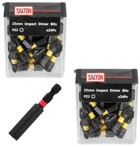 Saxton 48 x PZ2 25mm Impact Duty Pozi-Drive Screwdriver Drill Driver Bits Set + Bit Holder in Tic Tac Box